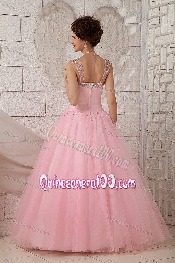 Pink Straps Tulle Beaded Floor-length Sweet Sixteen Dresses