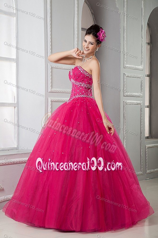 Hot Pink Strapless Tulle Sweet Sixteen Dresses with Beading