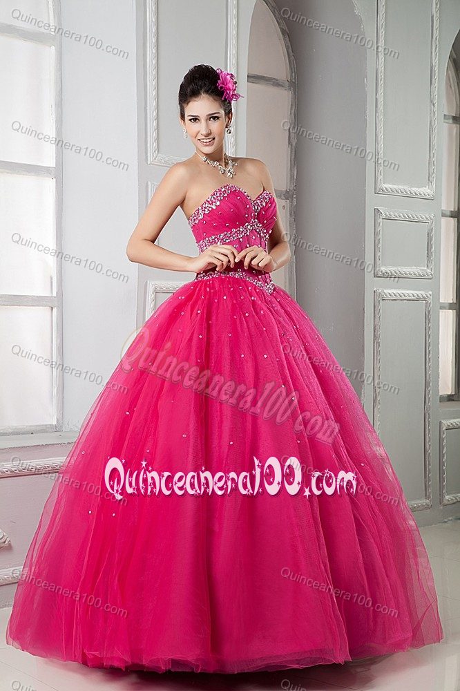 Hot Pink Strapless Tulle Sweet Sixteen Dresses with Beading