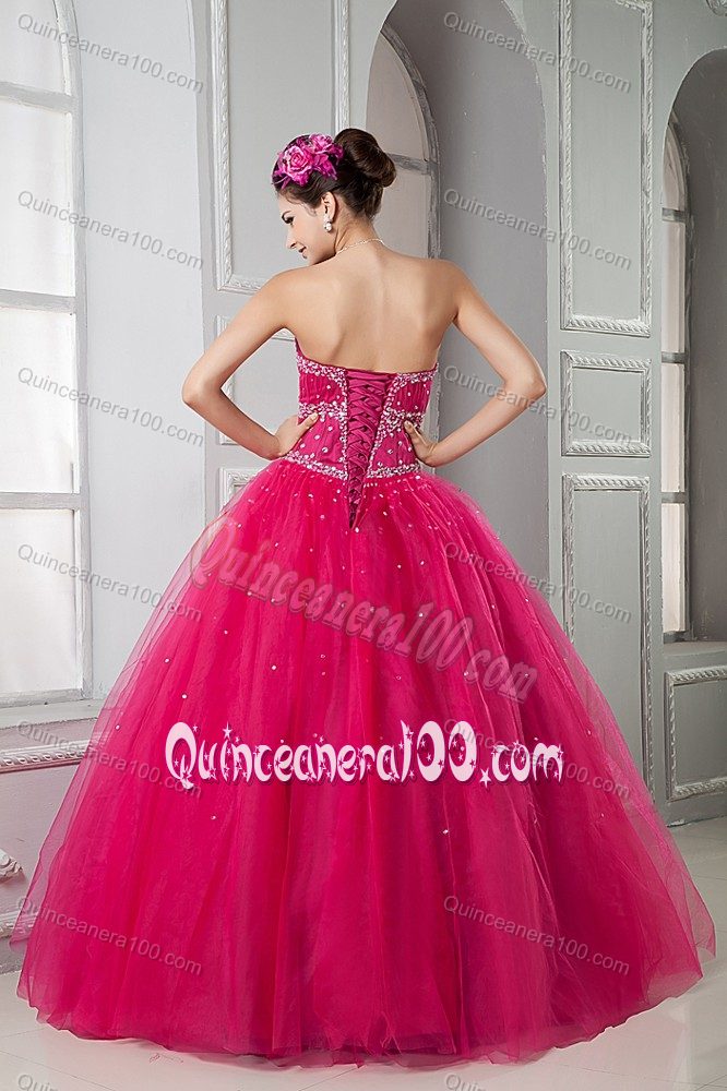 Hot Pink Strapless Tulle Sweet Sixteen Dresses with Beading