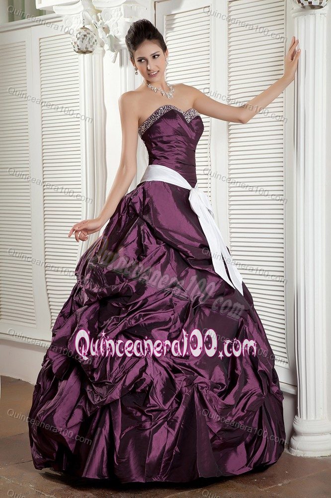 Dark Purple Ruched Taffeta Sweet 16 Dresses with White Belt