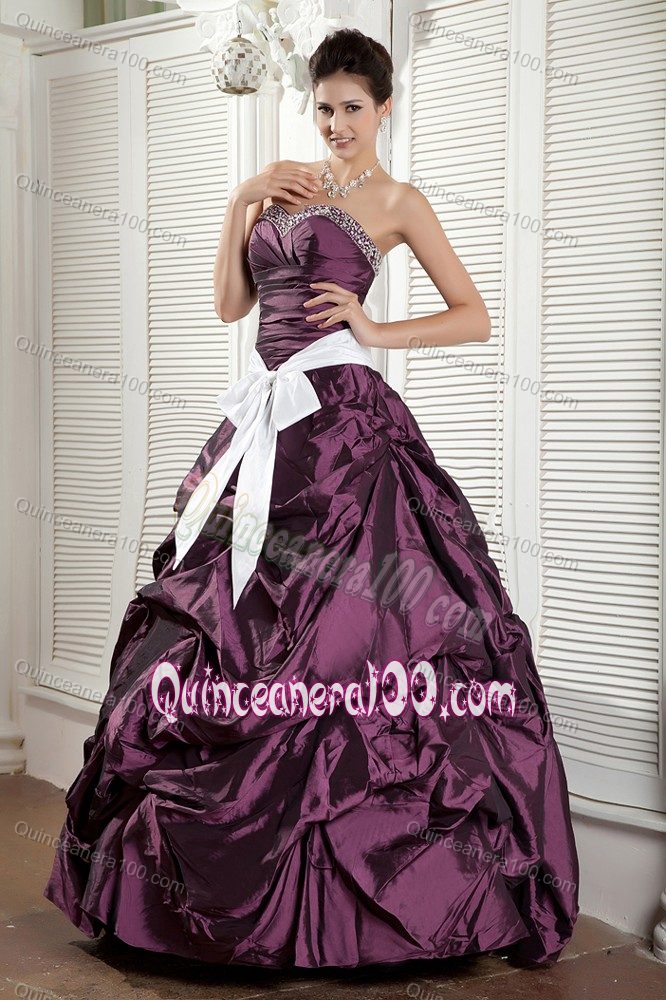 Dark Purple Ruched Taffeta Sweet 16 Dresses with White Belt