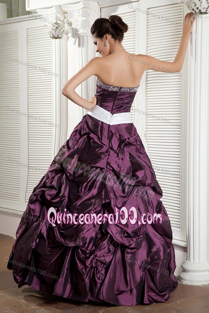 Dark Purple Ruched Taffeta Sweet 16 Dresses with White Belt