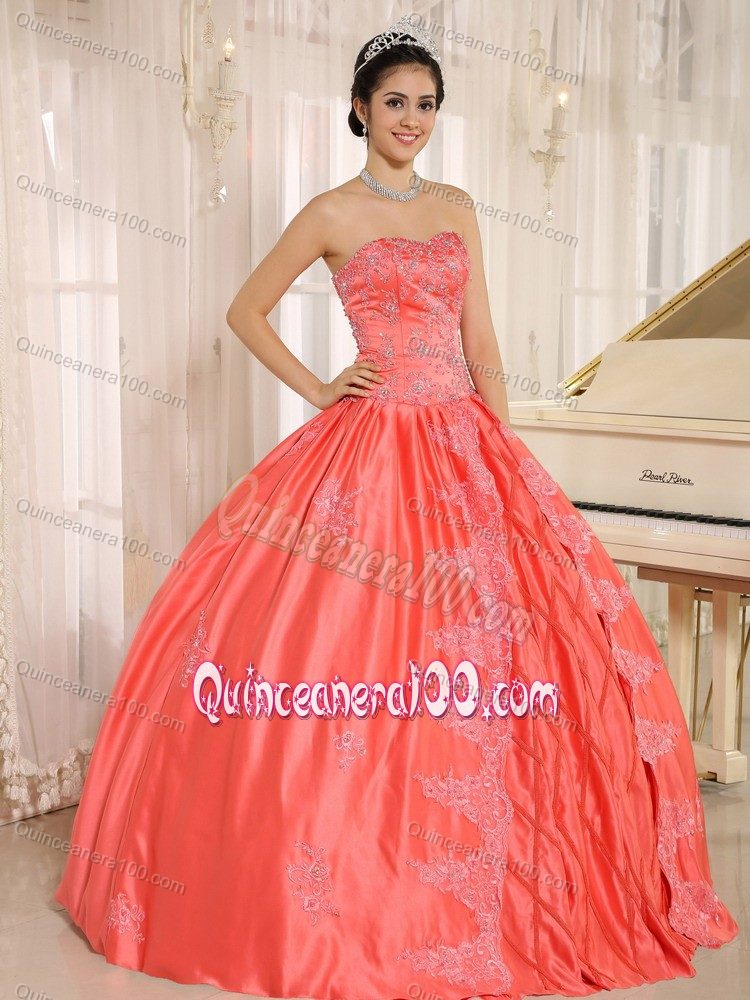 Watermelon Floor-length Taffeta Embroidery Quinceanera Dresses