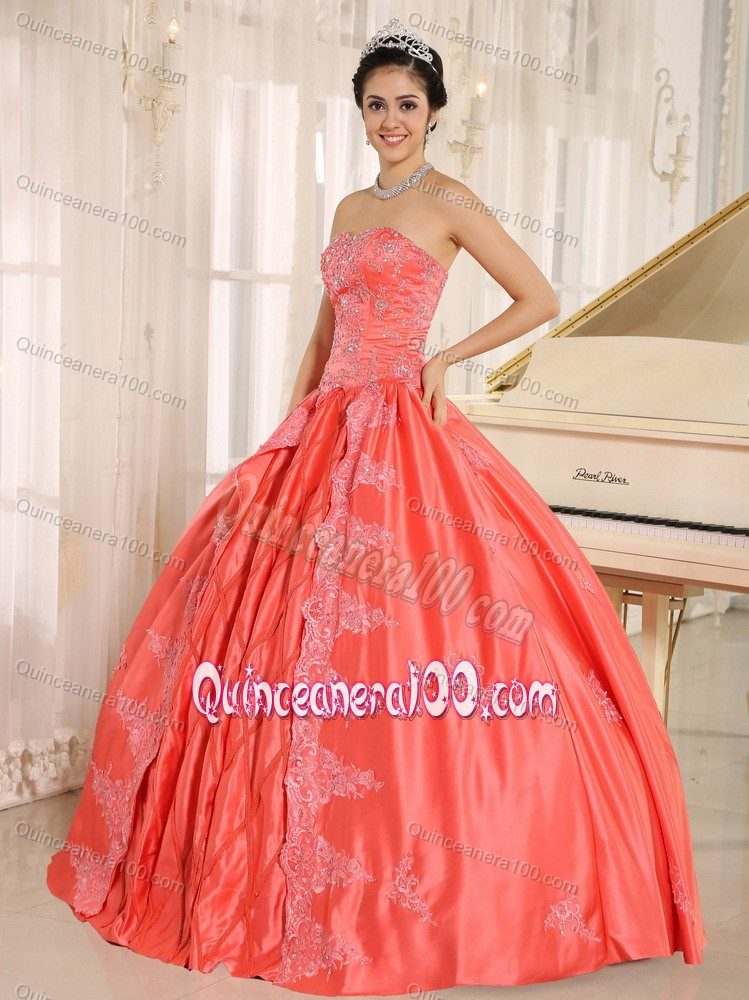 Watermelon Floor-length Taffeta Embroidery Quinceanera Dresses