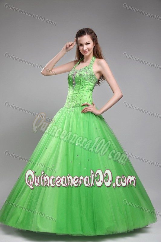 Green Halter Beaded Floor-length Tulle Dress for Quinceaneras