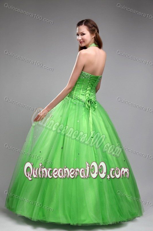 Green Halter Beaded Floor-length Tulle Dress for Quinceaneras