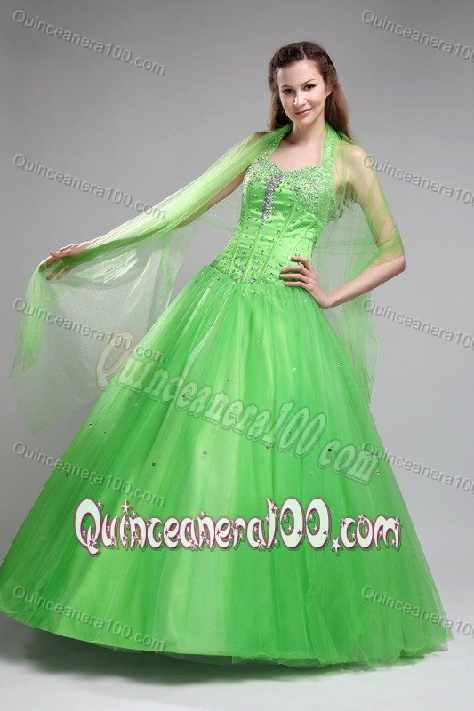 Green Halter Beaded Floor-length Tulle Dress for Quinceaneras