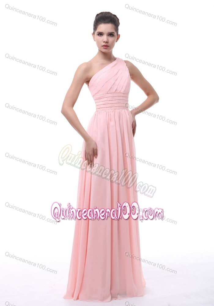 Chiffon Light Pink One Shoulder Quinceanera Dama Dress with Ruches