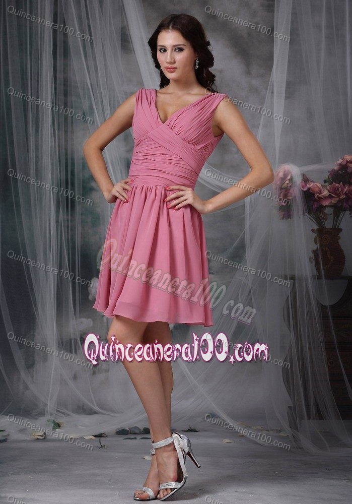 Roes Pink V-neck Mini-length Dama Dress with Ruches in Chiffon