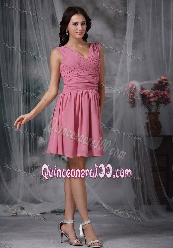 Roes Pink V-neck Mini-length Dama Dress with Ruches in Chiffon