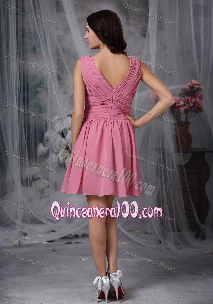 Roes Pink V-neck Mini-length Dama Dress with Ruches in Chiffon