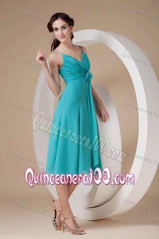 Turquoise Knee-length Dama Dress with a Bow and Spaghetti Straps