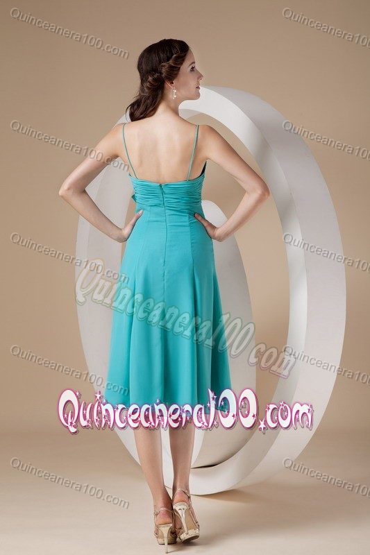 Turquoise Knee-length Dama Dress with a Bow and Spaghetti Straps