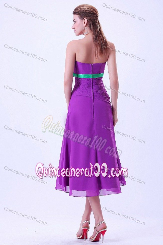 Chiffon Purple Tea-length Dama Dress with an Green Belt