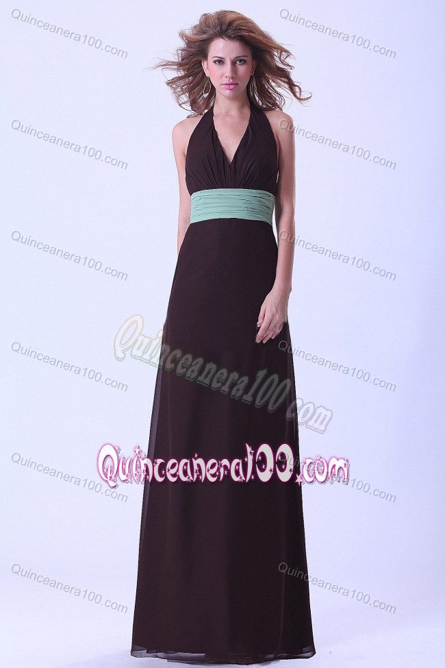 Halter Top Brown Backless Dama Dress With a Sash in Chiffon