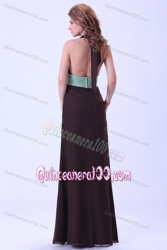 Halter Top Brown Backless Dama Dress With a Sash in Chiffon