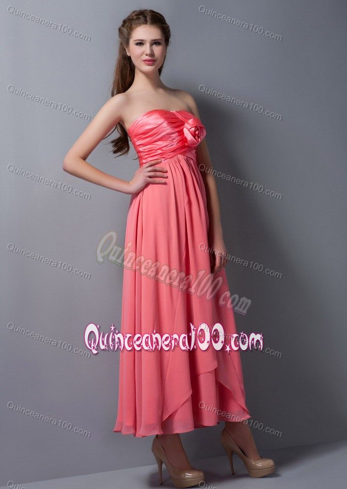 Ruched Watermelon Red Empire Strapless Handmade Flower Dama Dress