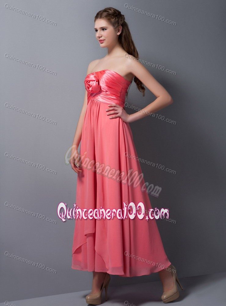 Ruched Watermelon Red Empire Strapless Handmade Flower Dama Dress