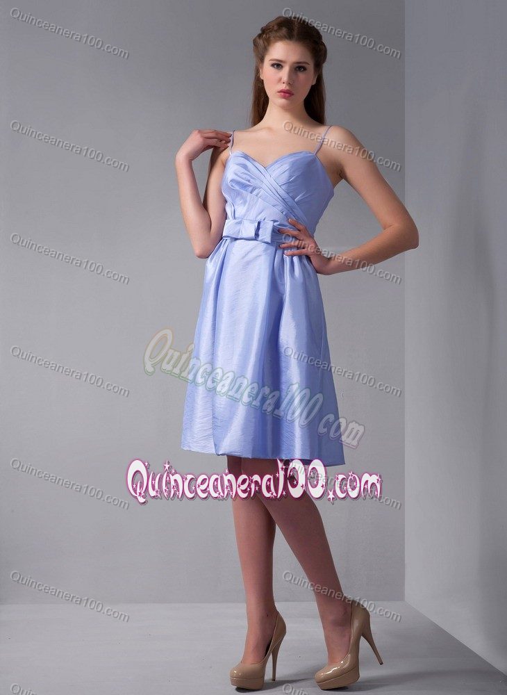 Spaghetti Straps Column Knee-length Ruched Lilac Dama Dress