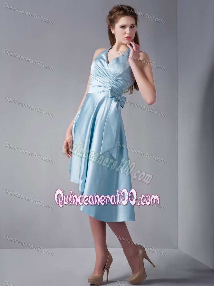 Discount Asymmetrical A-line Halter Baby Blue Ruched Dama Dress