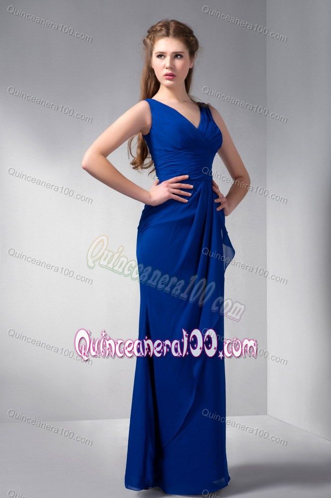 Amazing Royal Blue V-neck Chiffon Ruched Floor-length Dama Dress