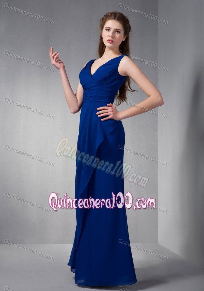 Amazing Royal Blue V-neck Chiffon Ruched Floor-length Dama Dress