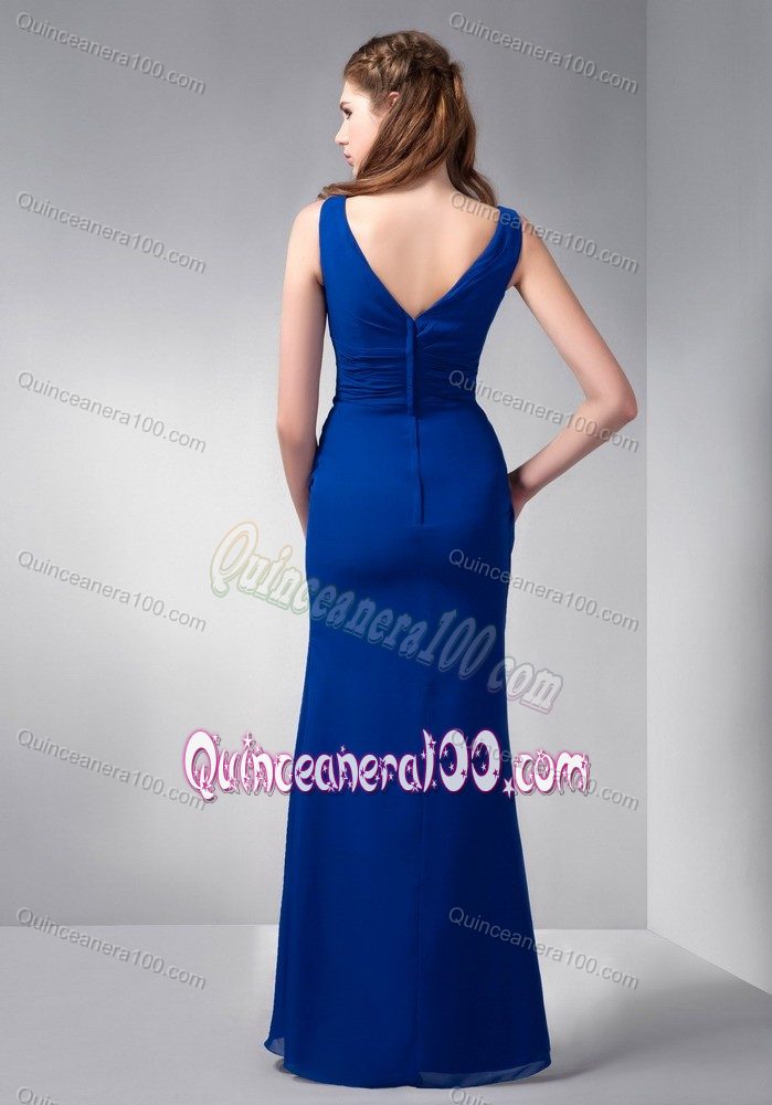 Amazing Royal Blue V-neck Chiffon Ruched Floor-length Dama Dress