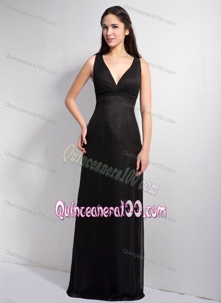 Column V-neck Floor-length Lace and Chiffon Black Dama Dress