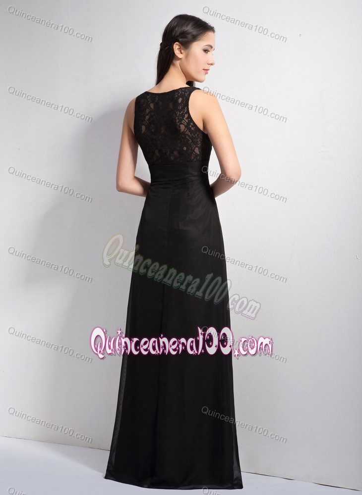 Column V-neck Floor-length Lace and Chiffon Black Dama Dress