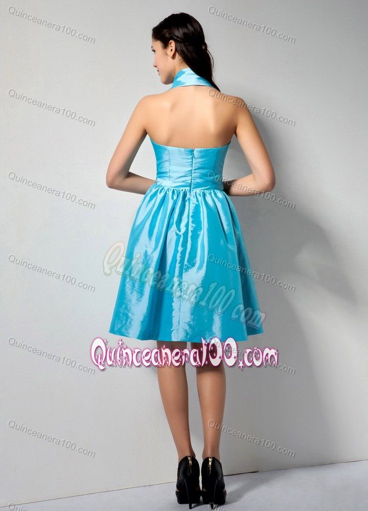 Cute Halter Aqua Blue A-line Knee-length Taffeta Dama Dress