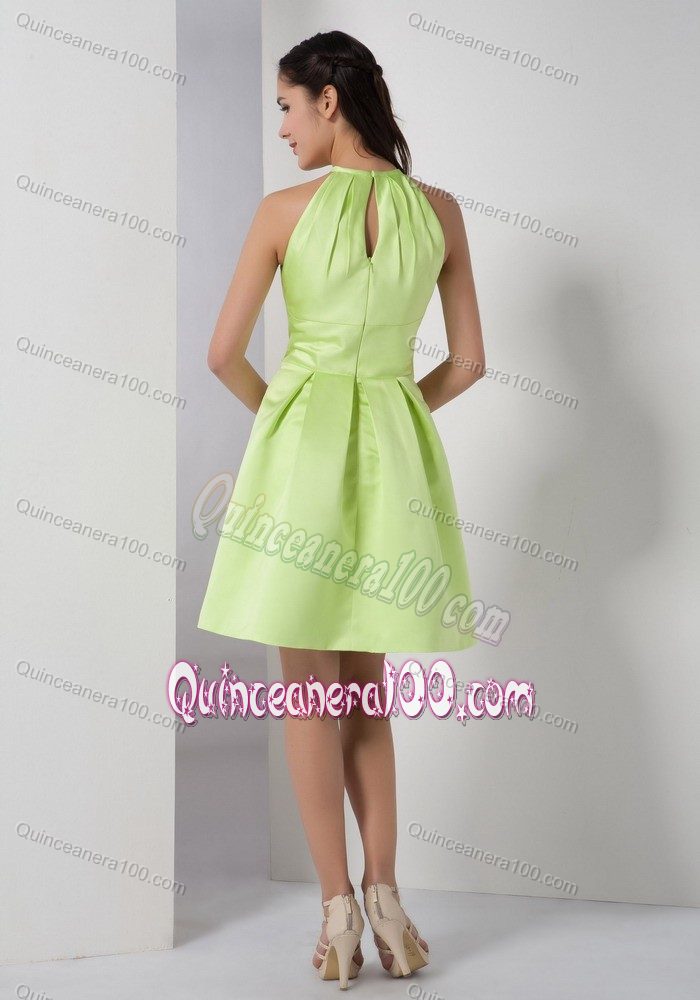 A-line High-neck Yellow Green Knee-length Dama Dress with Ruches