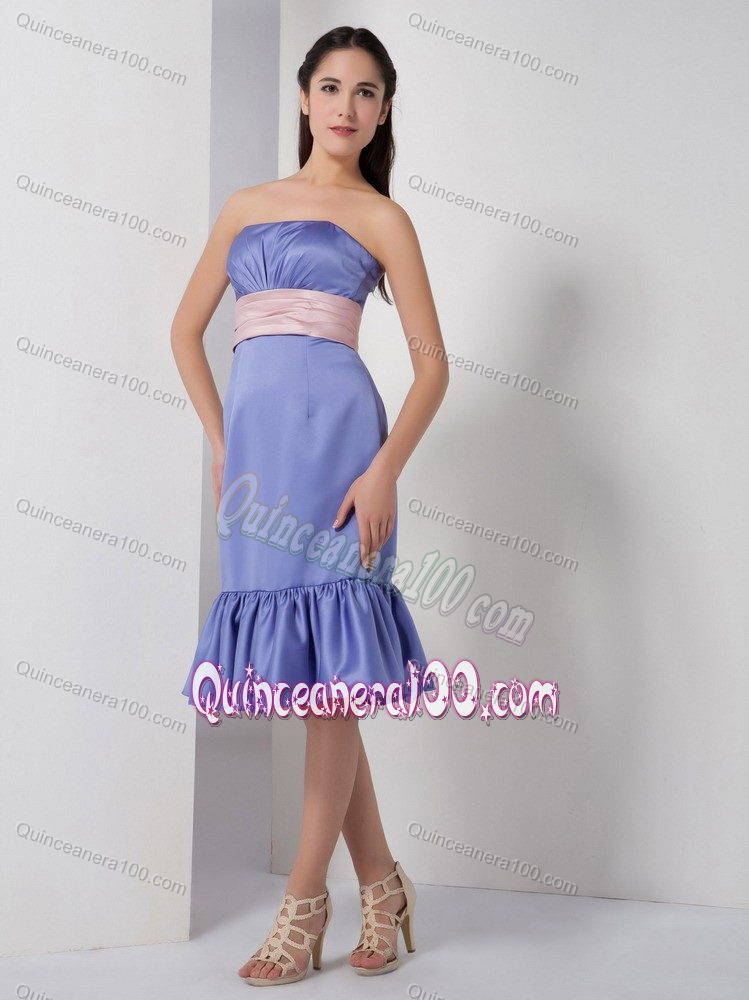 Column Strapless Dama Dress in Lilac with Belt and Ruches