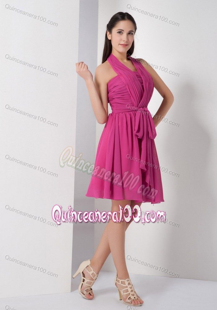 Cute Halter Fuchsia A-line Knee-length Chiffon Ruched Dama Dress