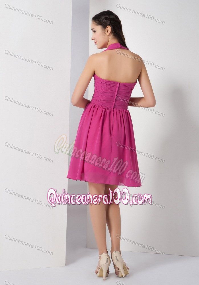 Cute Halter Fuchsia A-line Knee-length Chiffon Ruched Dama Dress