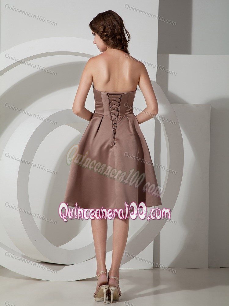 Elegant Brown Empire Strapless Asymmetrical Dama Dress with Belt