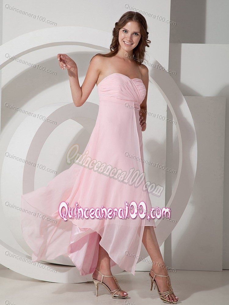 Empire Strapless Baby Pink Asymmetrical Chiffon Ruched Dama Dress