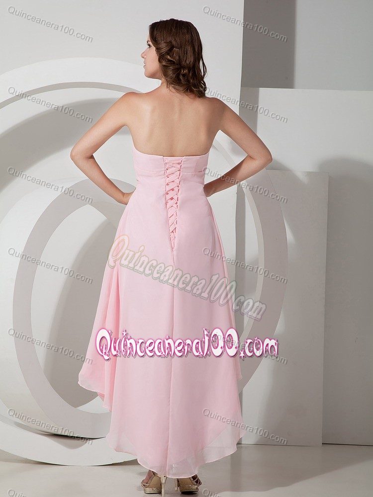 Empire Strapless Baby Pink Asymmetrical Chiffon Ruched Dama Dress