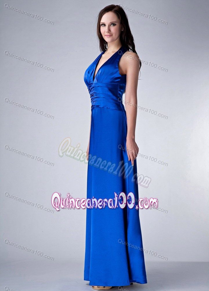 Sexy Royal Blue Column V-neck Ankle-length Dama Dress with Ruches