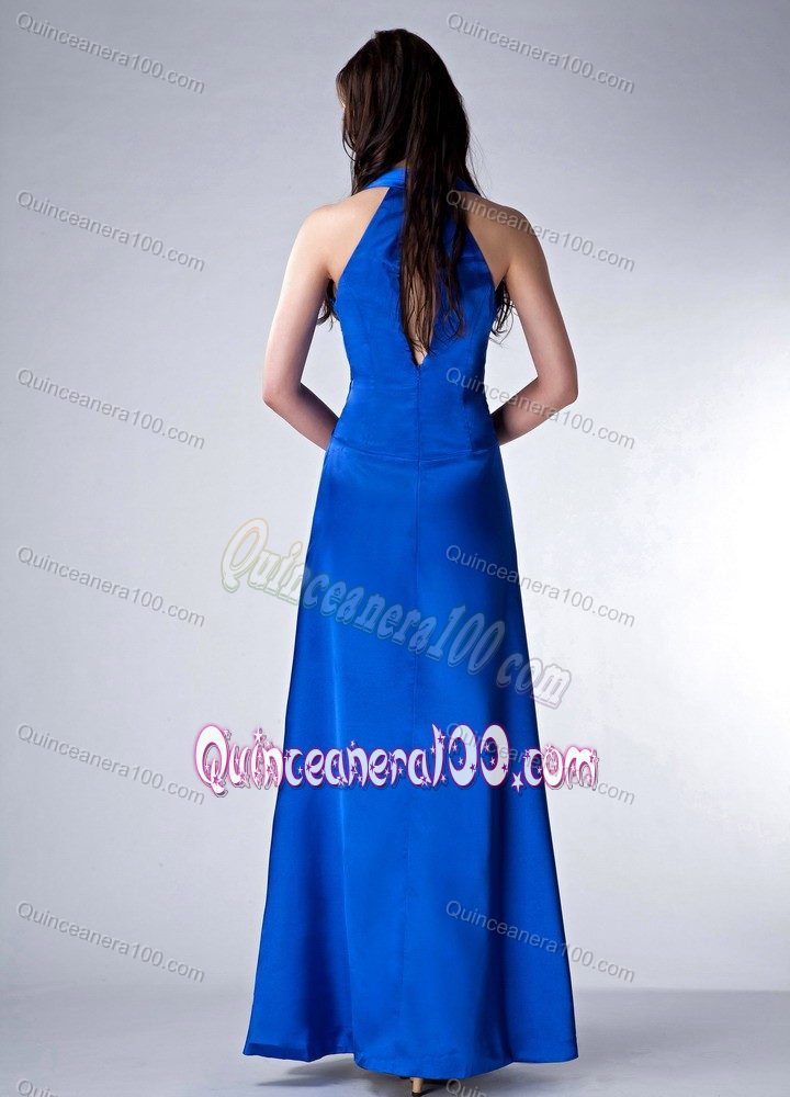 Sexy Royal Blue Column V-neck Ankle-length Dama Dress with Ruches