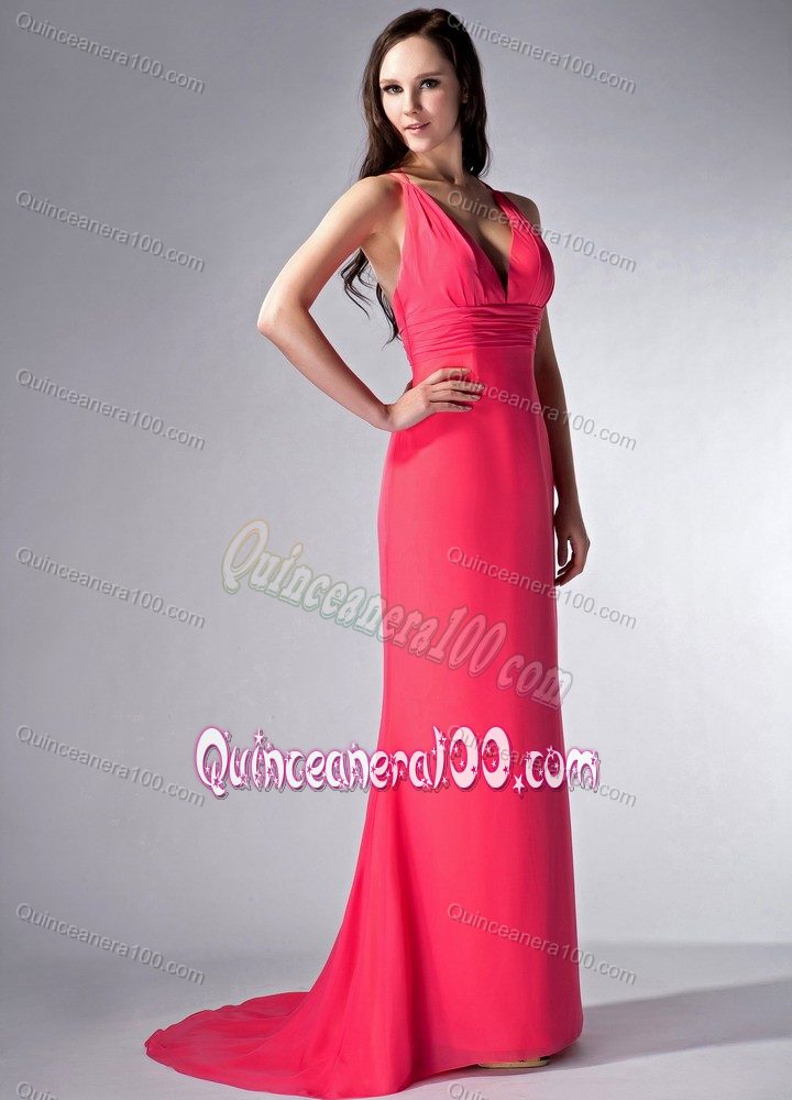 V-neck Column Chiffon Dama Dress in Coral Red with Brush Train