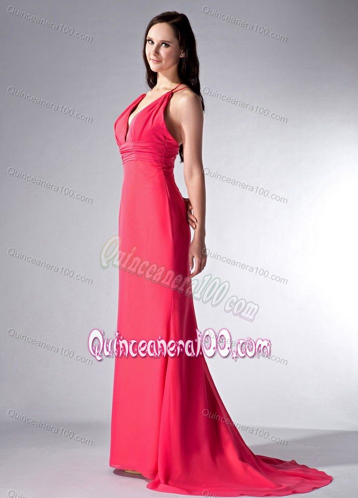 V-neck Column Chiffon Dama Dress in Coral Red with Brush Train