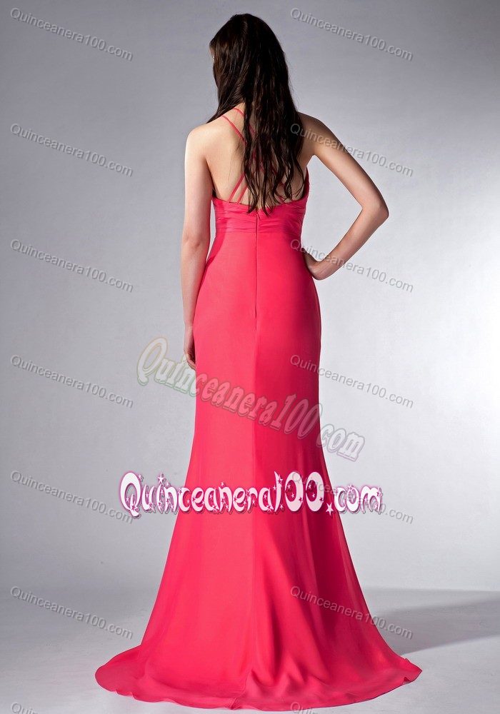 V-neck Column Chiffon Dama Dress in Coral Red with Brush Train