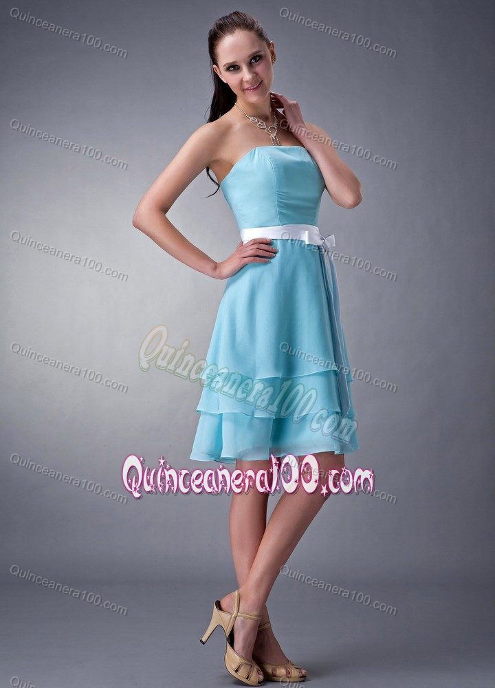 Aqua Blue Strapless Empire Chiffon Knee-length Dama Dress Sash