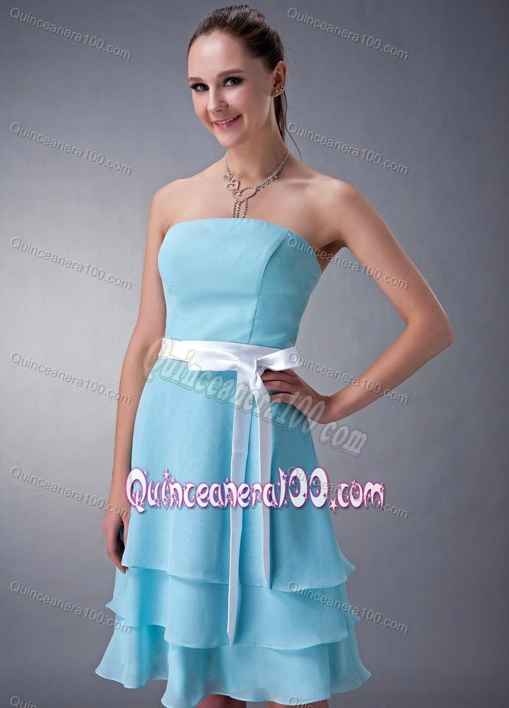 Aqua Blue Strapless Empire Chiffon Knee-length Dama Dress Sash