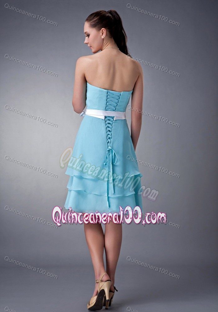 Aqua Blue Strapless Empire Chiffon Knee-length Dama Dress Sash