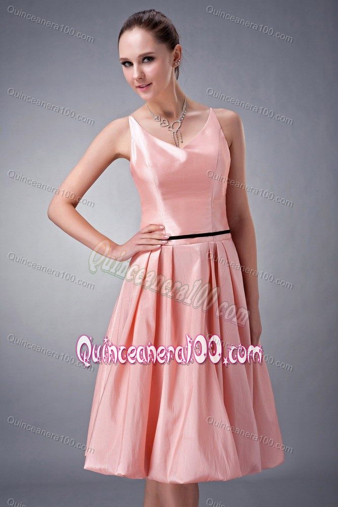 A-line V-neck Sash Knee-length Taffeta Dama Dress in Watermelon