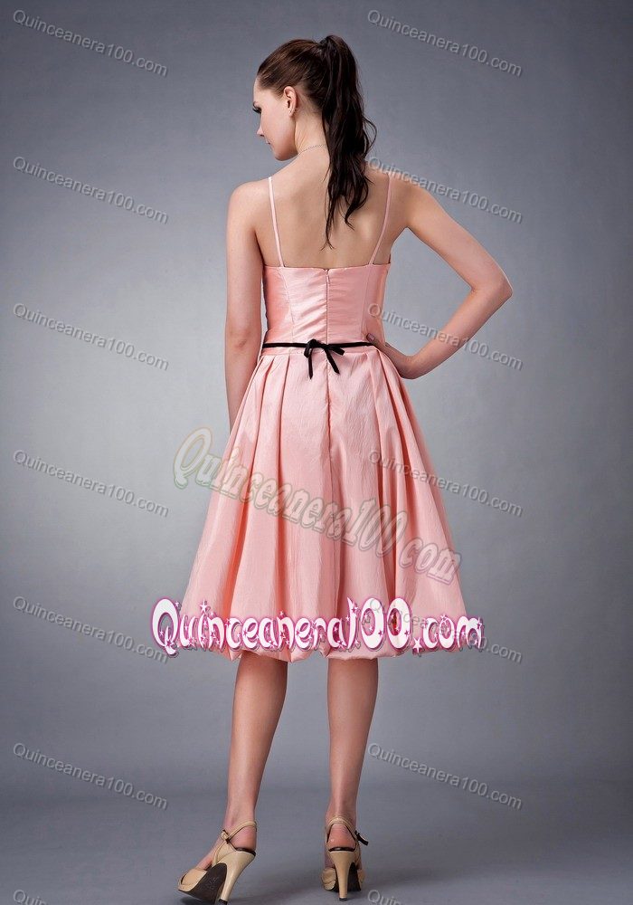 A-line V-neck Sash Knee-length Taffeta Dama Dress in Watermelon