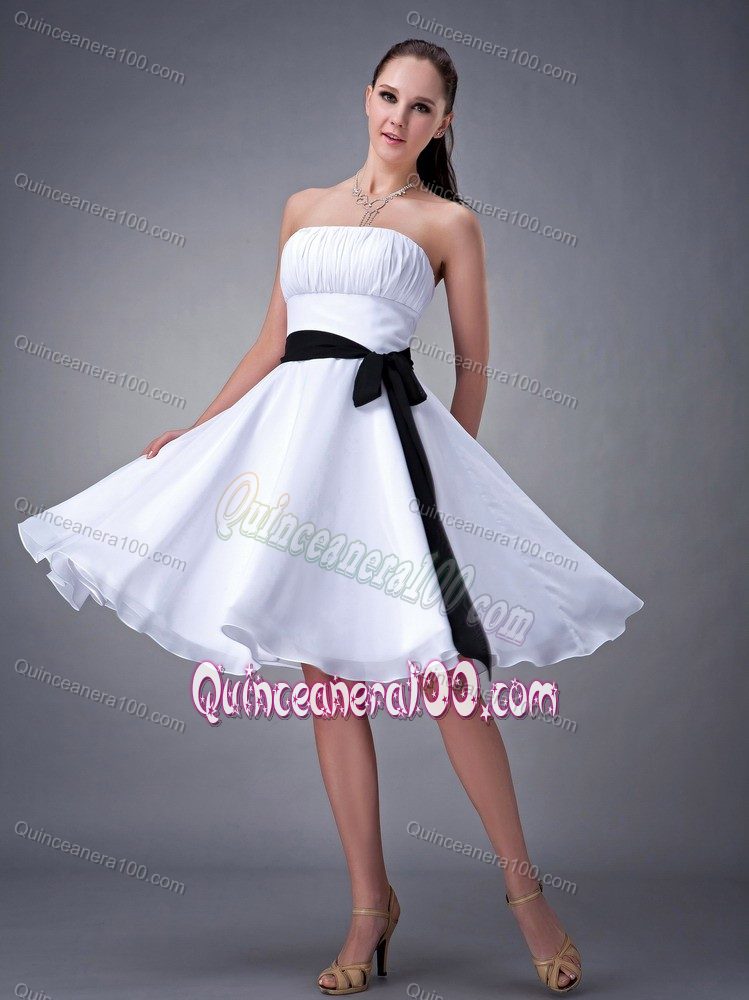 A-line Strapless Knee-length Chiffon White Dama Dress with Sash