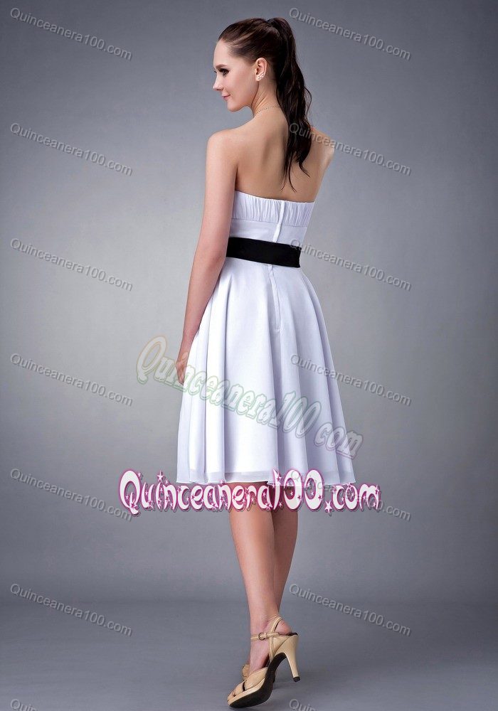 A-line Strapless Knee-length Chiffon White Dama Dress with Sash